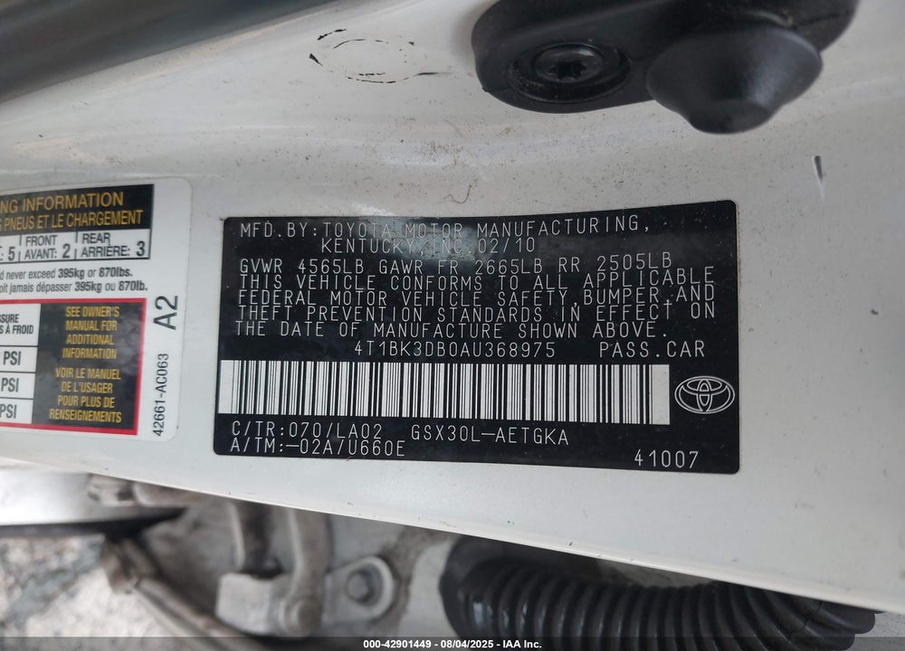 2010 TOYOTA AVALON VIN: 4T1BK3DB0AU368975