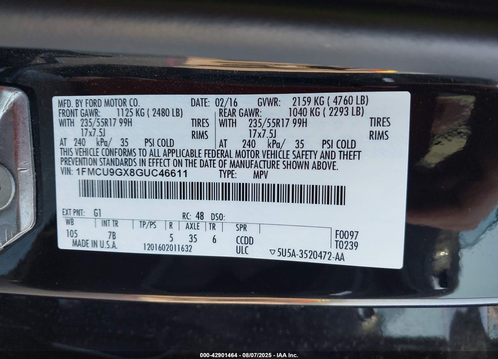 2016 FORD ESCAPE SE VIN: 1FMCU9GX8GUC46611
