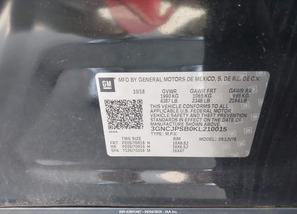 2019 CHEVROLET TRAX LT VIN: 3GNCJPSB0KL210015