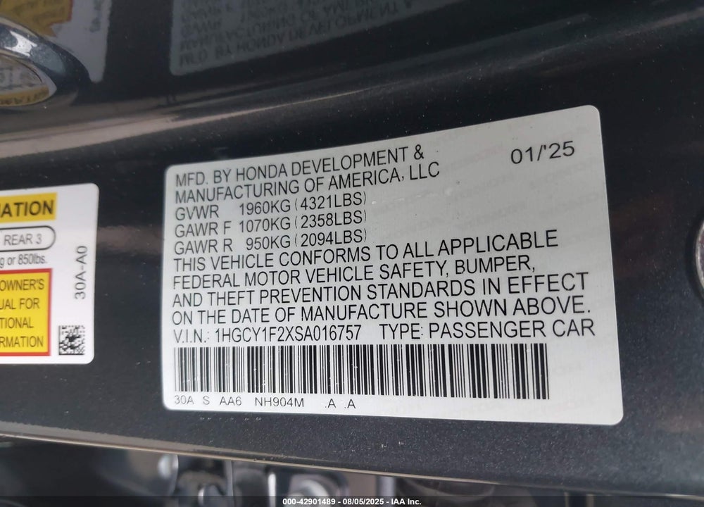 2025 HONDA ACCORD VIN: 1HGCY1F2XSA016757