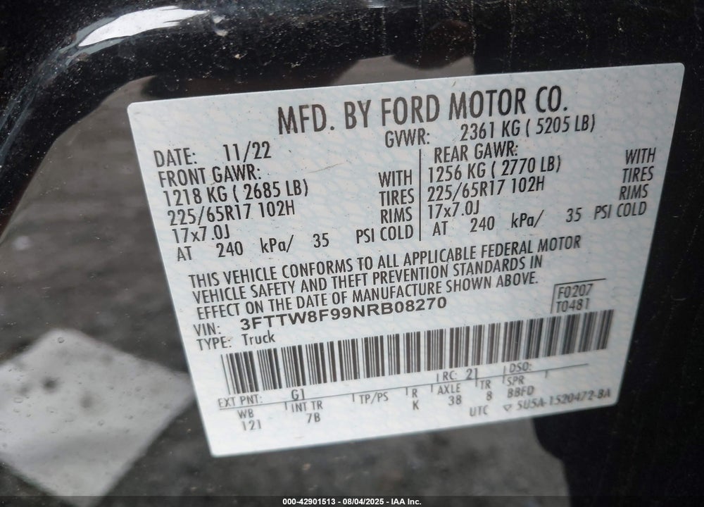 2022 FORD MAVERICK VIN: 3FTTW8F99NRB08270