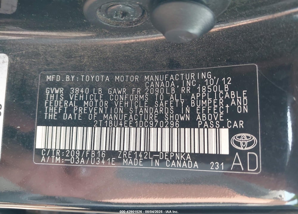 2013 TOYOTA COROLLA VIN: 2T1BU4EE1DC970296