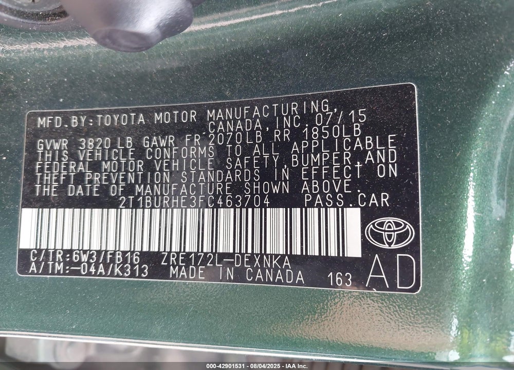 2015 TOYOTA COROLLA LE VIN: 2T1BURHE3FC463704