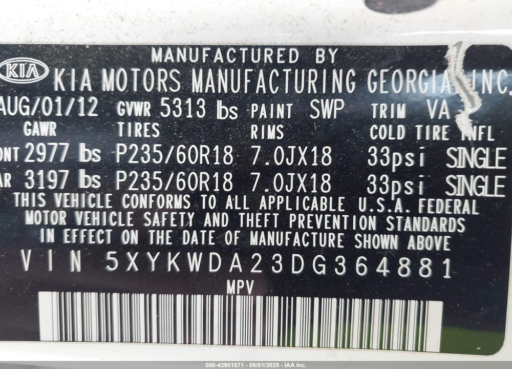 2013 KIA SORENTO VIN: 5XYKWDA23DG364881