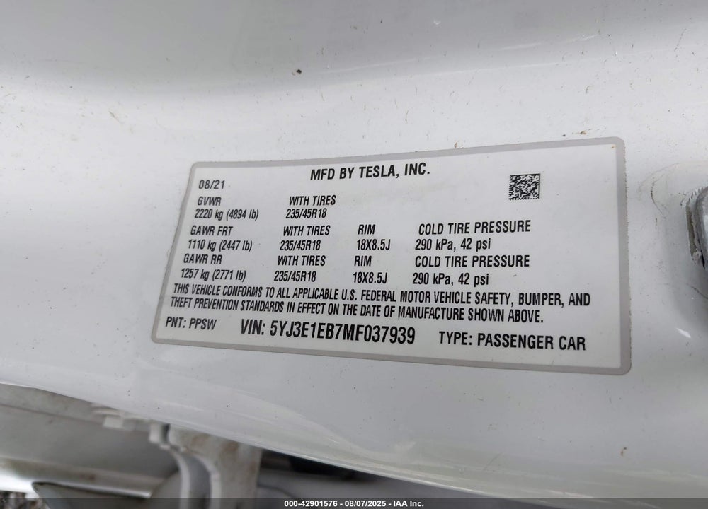 2021 TESLA MODEL 3 LONG RANGE DUAL MOTOR ALL-WHEEL DRIVE VIN: 5YJ3E1EB7MF037939