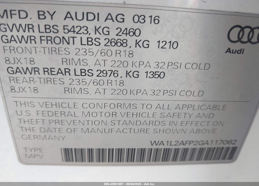 2016 AUDI Q5 VIN: WA1L2AFP2GA117062