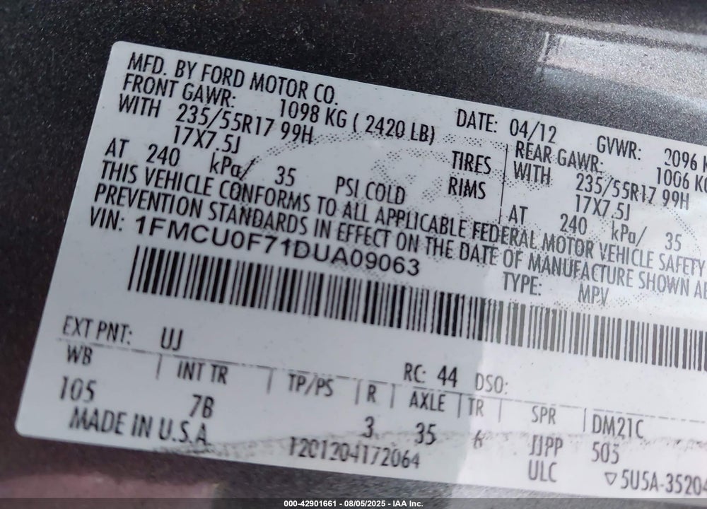 2013 FORD ESCAPE VIN: 1FMCU0F71DUA09063