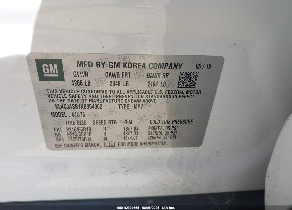 2019 BUICK ENCORE VIN: KL4CJASB1KB954062