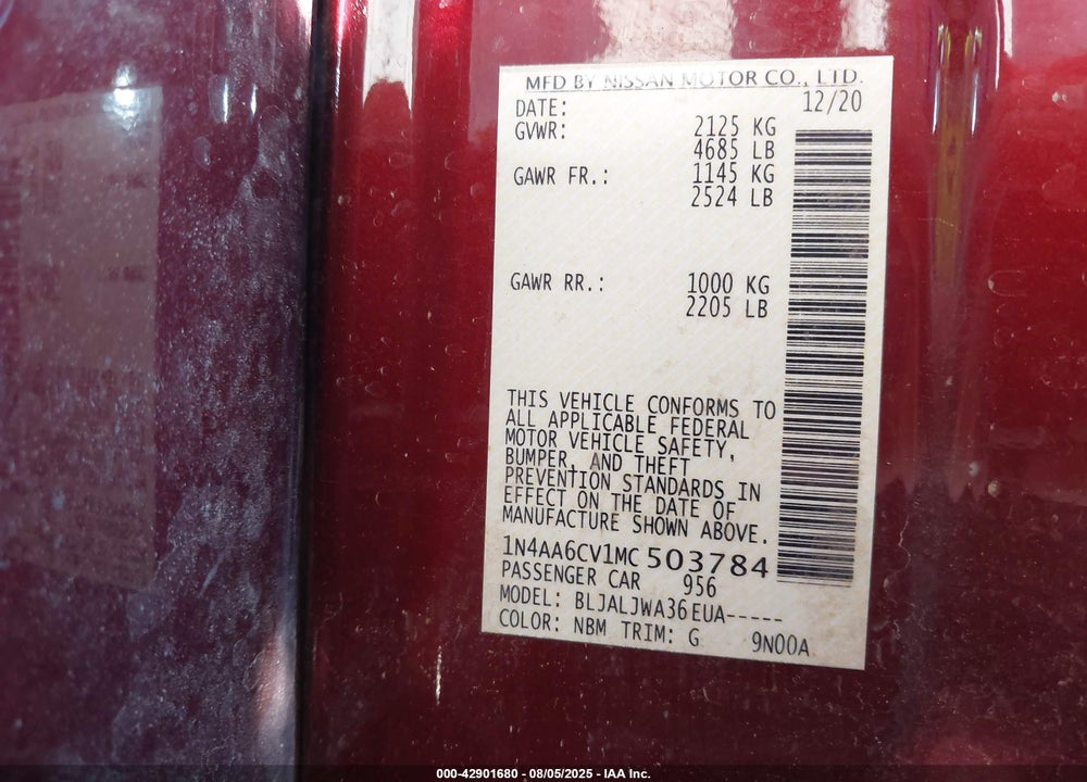 2021 NISSAN MAXIMA VIN: 1N4AA6CV1MC503784