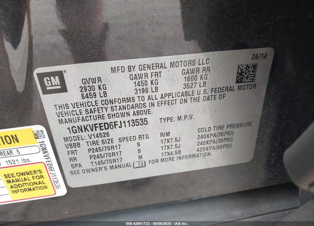 2015 CHEVROLET TRAVERSE VIN: 1GNKVFED6FJ113535