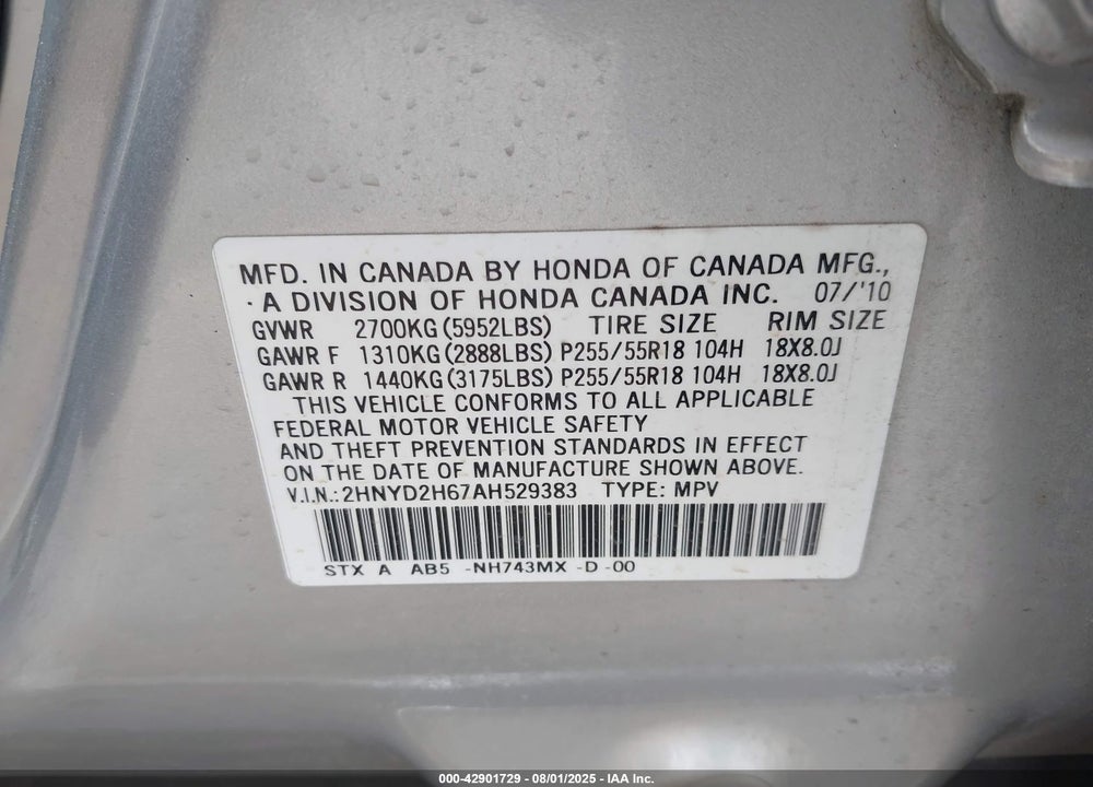 2010 ACURA MDX TECHNOLOGY PACKAGE VIN: 2HNYD2H67AH529383