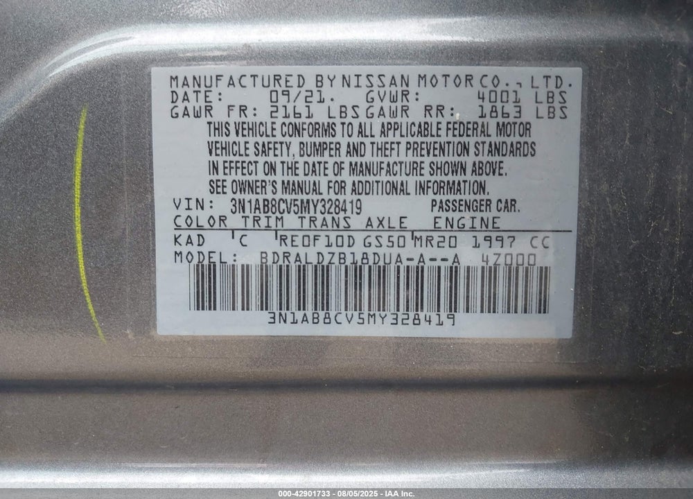 2021 NISSAN SENTRA VIN: 3N1AB8CV5MY328419