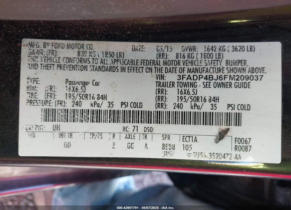 2015 FORD FIESTA VIN: 3FADP4BJ6FM209037