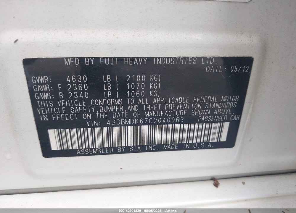 2012 SUBARU LEGACY 3.6R LIMITED VIN: 4S3BMDK67C2040963