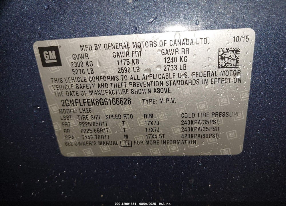 2016 CHEVROLET EQUINOX LT VIN: 2GNFLFEK8G6166628
