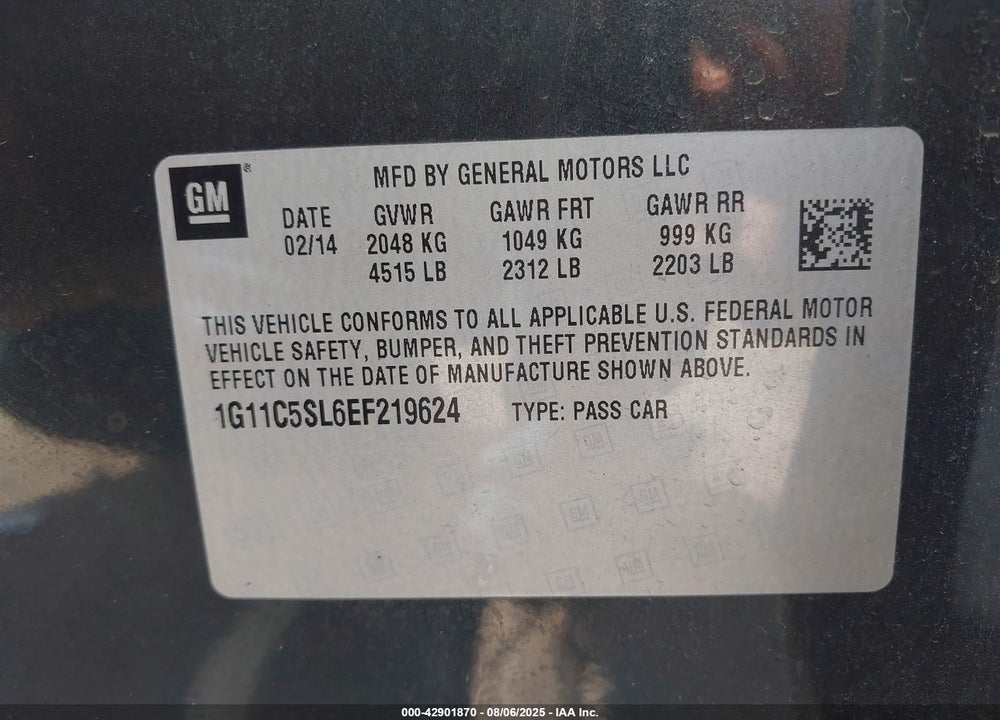 2014 CHEVROLET MALIBU VIN: 1G11C5SL6EF219624