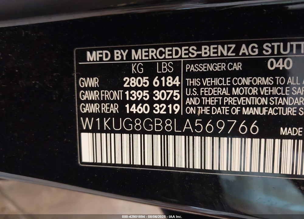 2020 MERCEDES-BENZ S CLASS VIN: W1KUG8GB8LA569766
