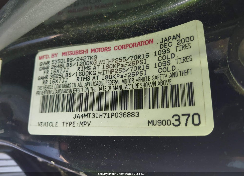 2001 MITSUBISHI MONTERO SPORT XLS VIN: JA4MT31H71P036883