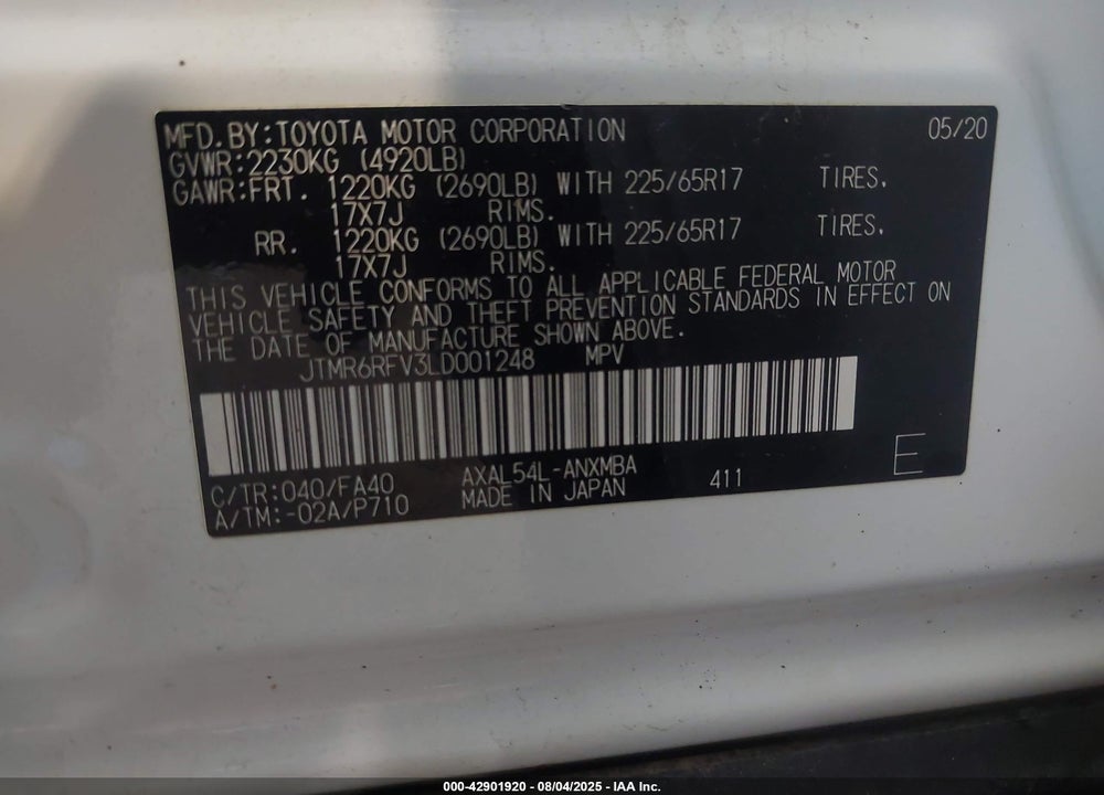 2020 TOYOTA RAV4 HYBRID VIN: JTMR6RFV3LD001248
