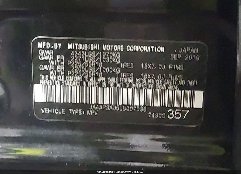 2020 MITSUBISHI OUTLANDER SPORT VIN: JA4AP3AU5LU007536