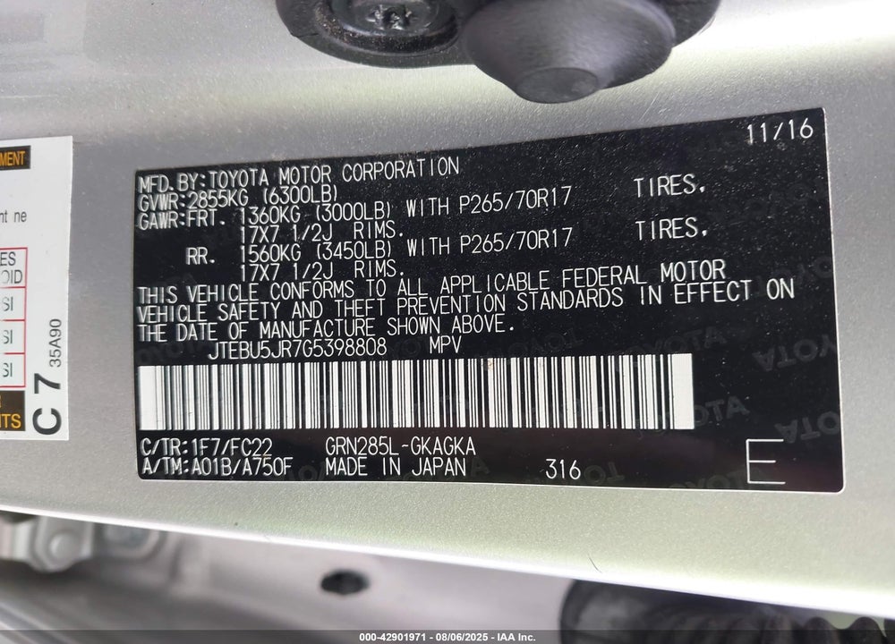 2016 TOYOTA 4RUNNER VIN: JTEBU5JR7G5398808