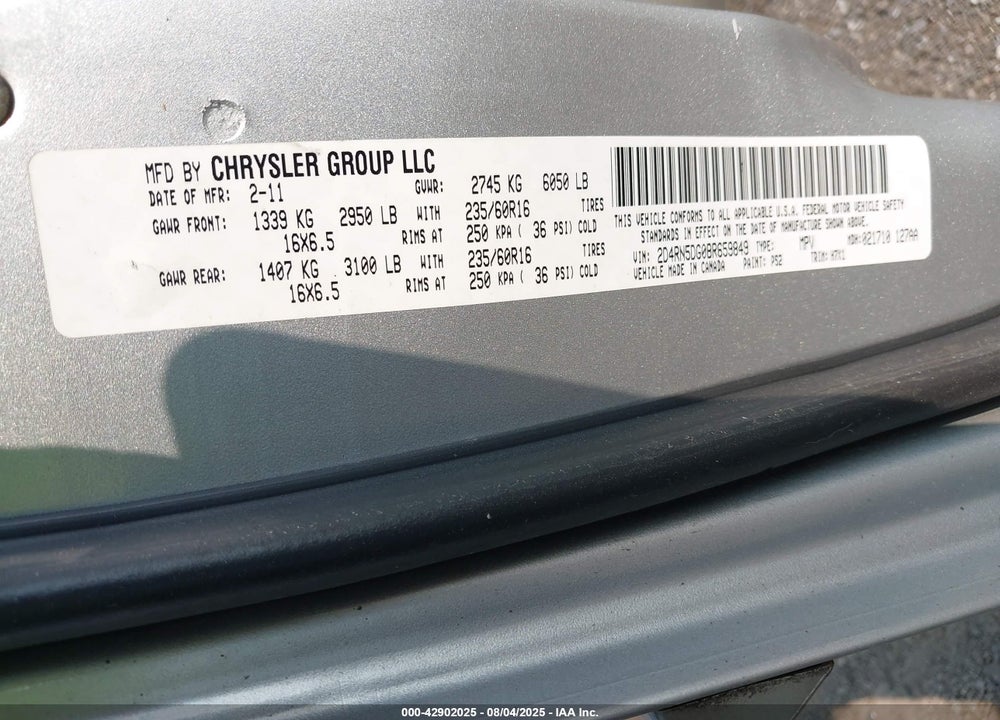 2011 DODGE GRAND CARAVAN CREW VIN: 2D4RN5DG0BR659849