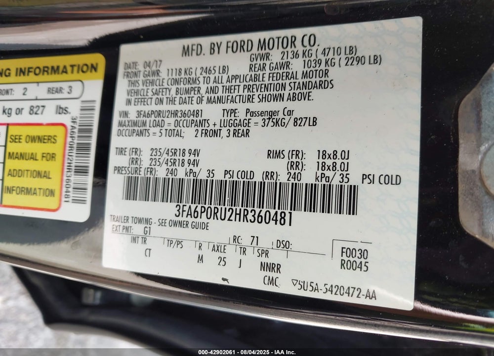 2017 FORD FUSION VIN: 3FA6P0RU2HR360481