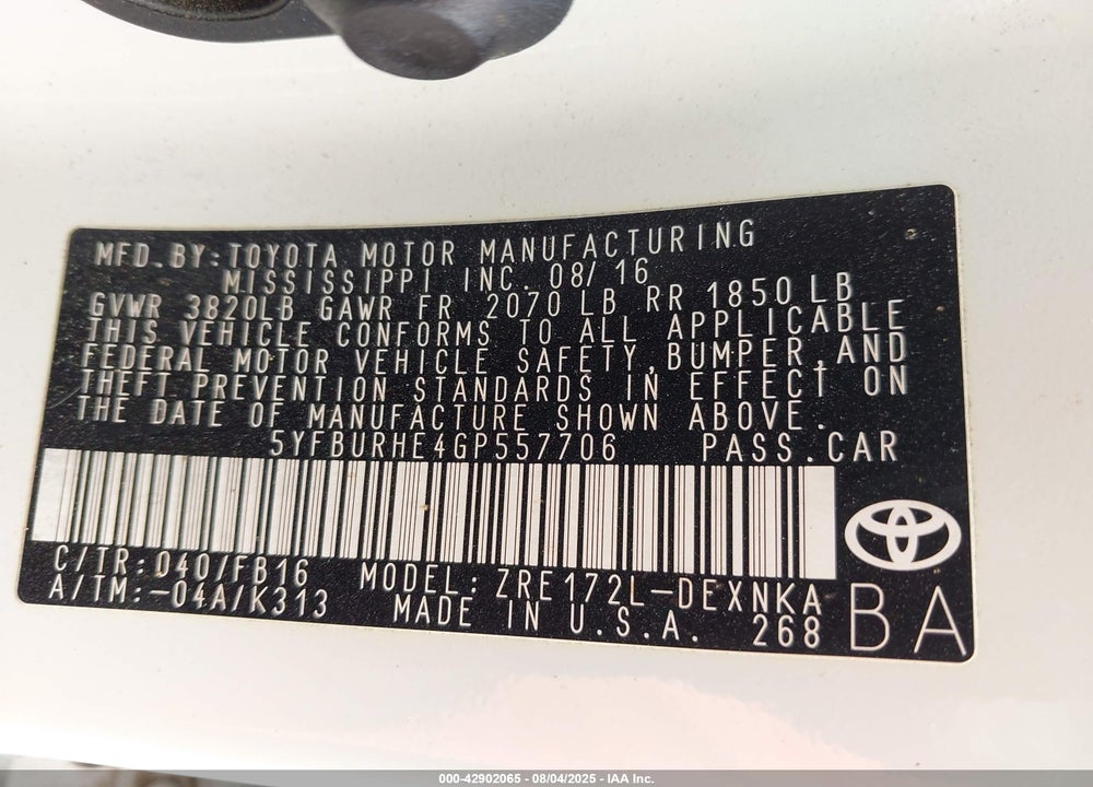 2016 TOYOTA COROLLA VIN: 5YFBURHE4GP557706
