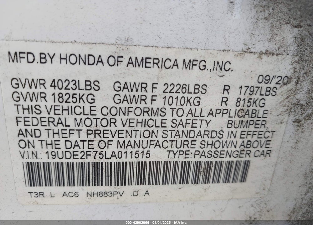 2020 ACURA ILX VIN: 19UDE2F75LA011515