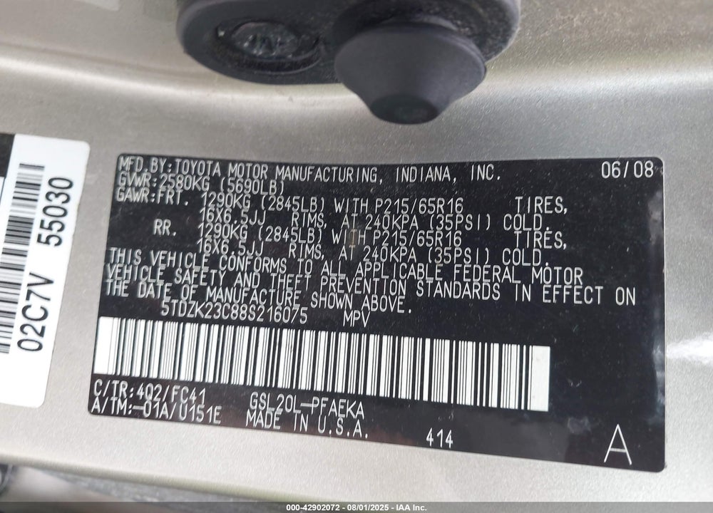2008 TOYOTA SIENNA LE VIN: 5TDZK23C88S216075
