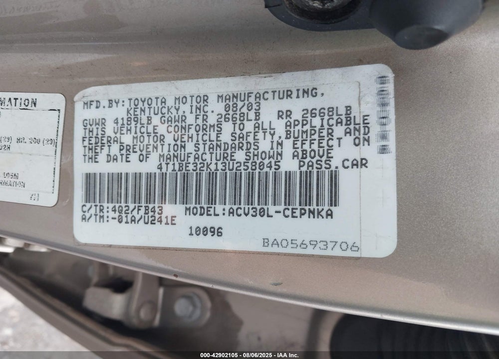 2003 TOYOTA CAMRY LE VIN: 4T1BE32K13U258045