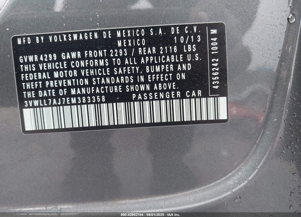 2014 VOLKSWAGEN JETTA VIN: 3VWLL7AJ7EM383358