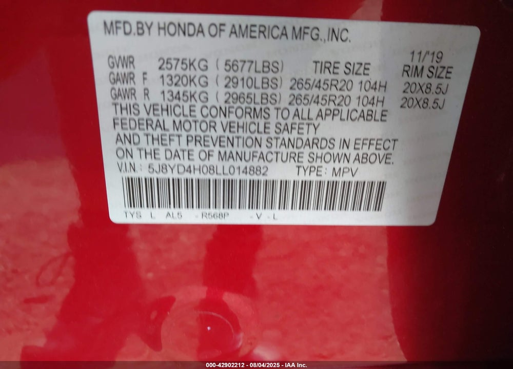 2020 ACURA MDX TECHNOLOGY A-SPEC PACKAGES VIN: 5J8YD4H08LL014882