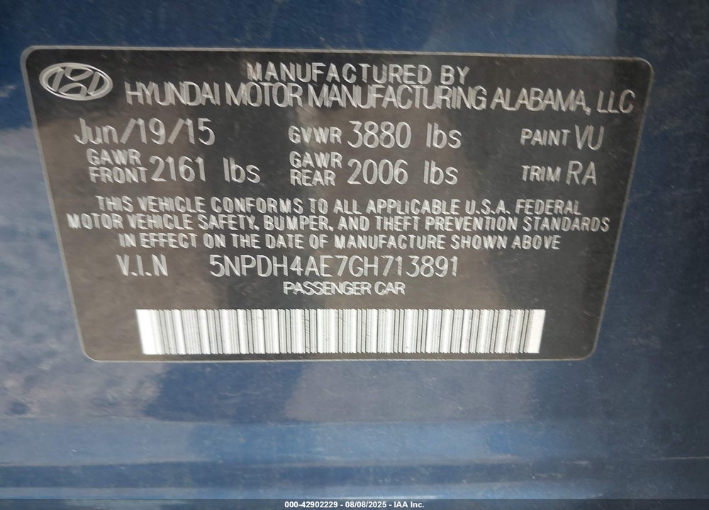 2016 HYUNDAI ELANTRA VIN: 5NPDH4AE7GH713891