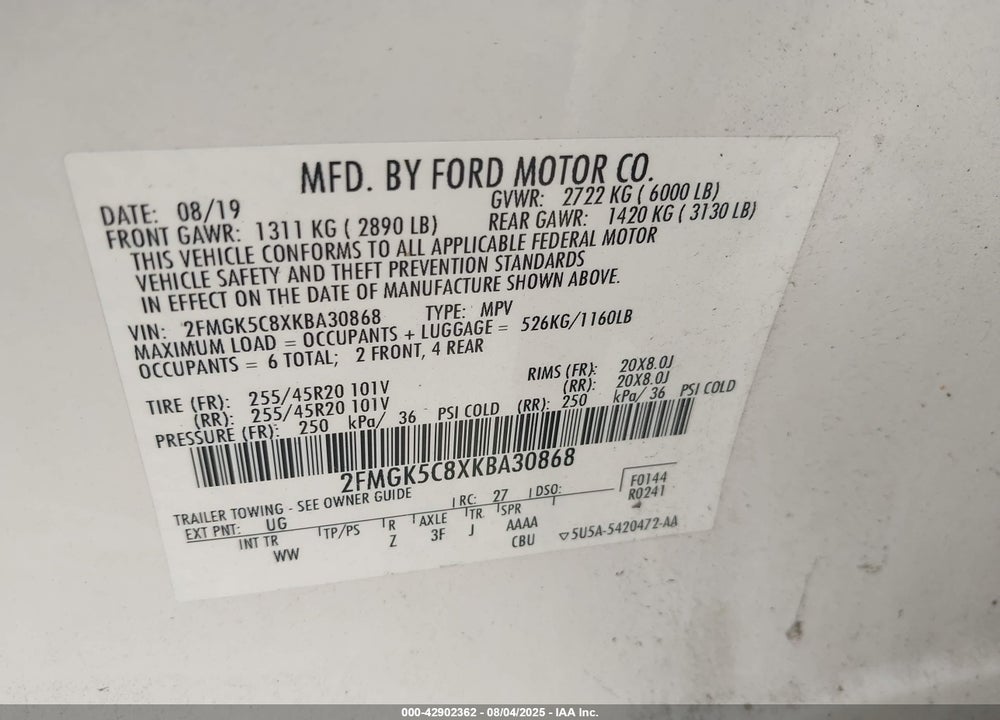 2019 FORD FLEX VIN: 2FMGK5C8XKBA30868