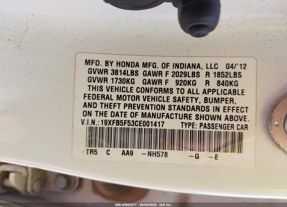 2012 HONDA CIVIC NATURAL GAS VIN: 19XFB5F53CE001417
