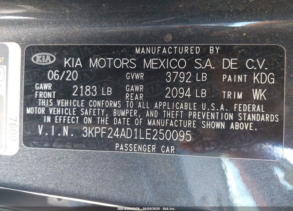 2020 KIA FORTE VIN: 3KPF24AD1LE250095