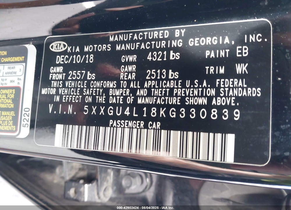 2019 KIA OPTIMA VIN: 5XXGU4L18KG330839