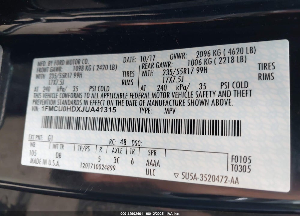 2018 FORD ESCAPE VIN: 1FMCU0HDXJUA41315