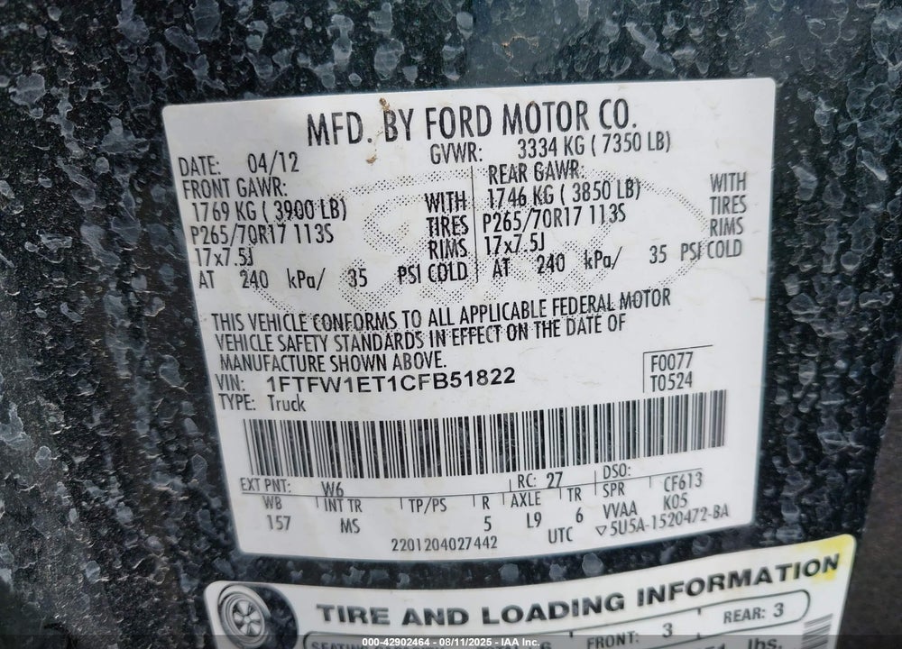 2012 FORD F-150 VIN: 1FTFW1ET1CFB51822