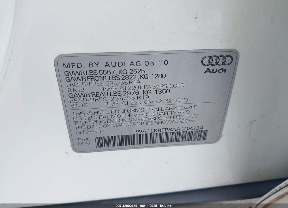 2010 AUDI Q5 VIN: WA1LKBFP8AA108234