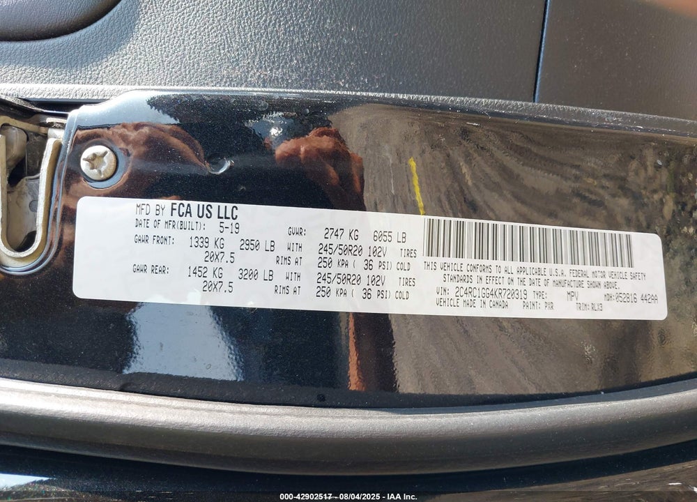 2019 CHRYSLER PACIFICA LIMITED VIN: 2C4RC1GG4KR720319