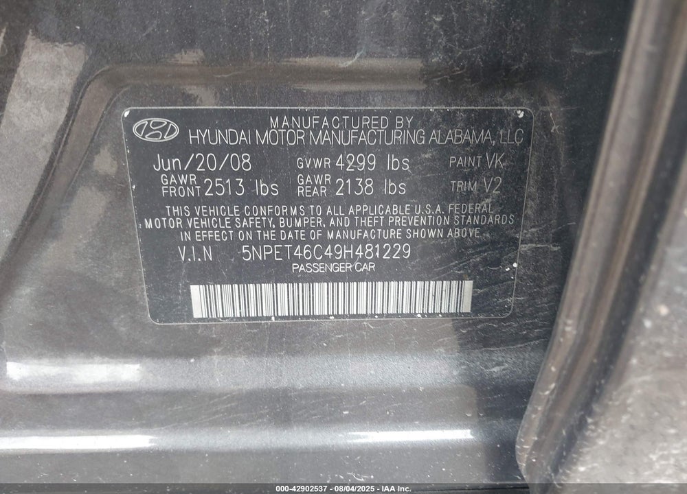 2009 HYUNDAI SONATA VIN: 5NPET46C49H481229
