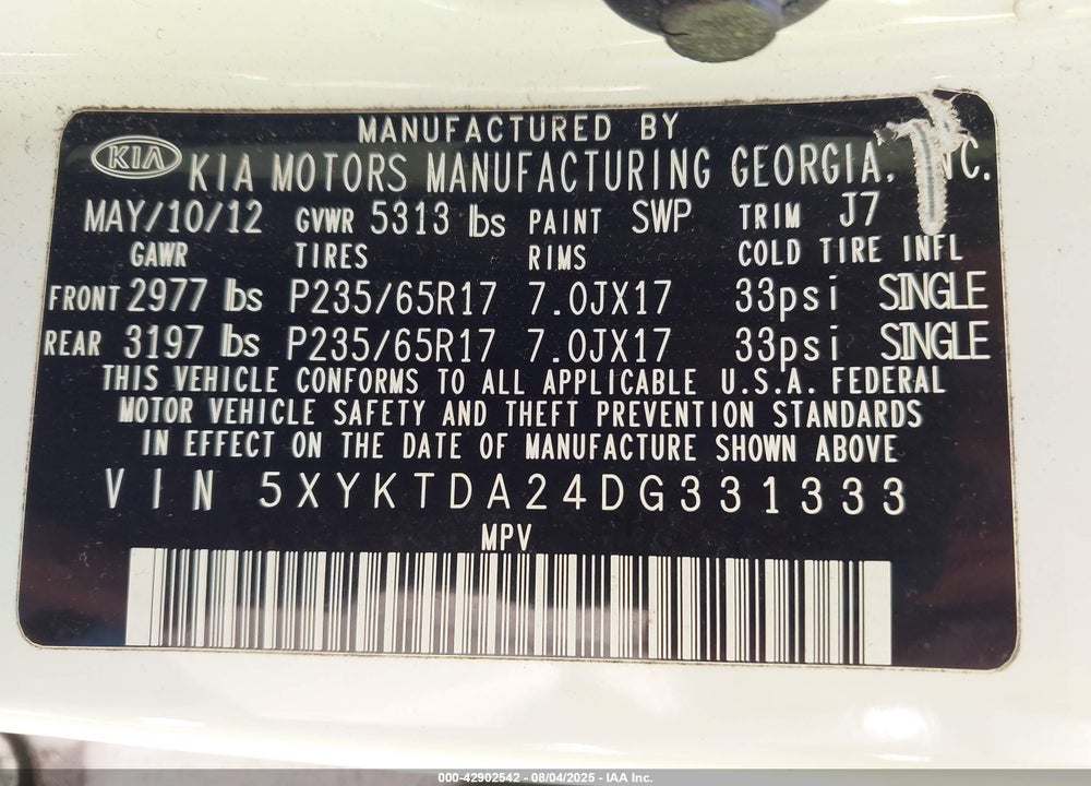 2013 KIA SORENTO LX V6 VIN: 5XYKTDA24DG331333