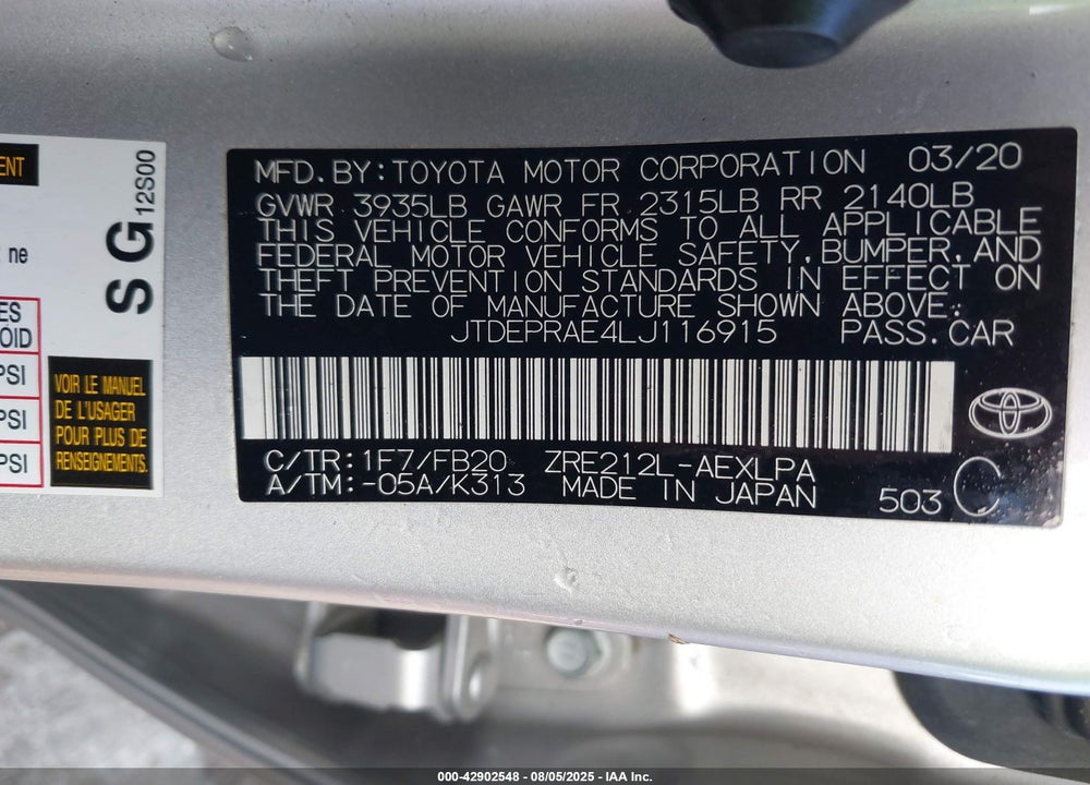2020 TOYOTA COROLLA VIN: JTDEPRAE4LJ116915