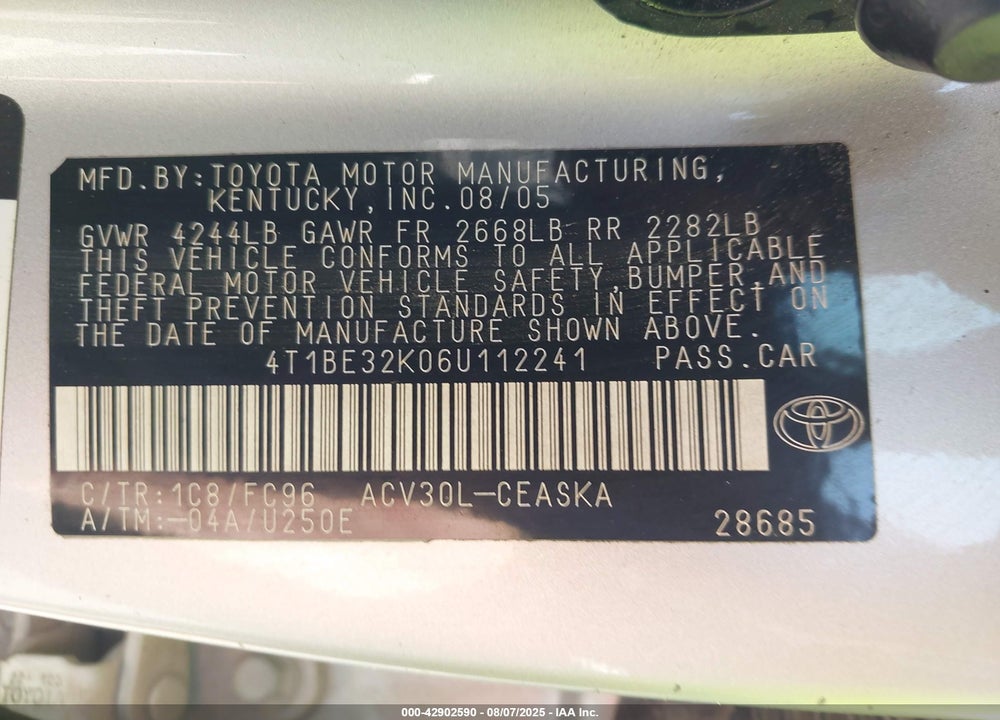 2006 TOYOTA CAMRY SE VIN: 4T1BE32K06U112241