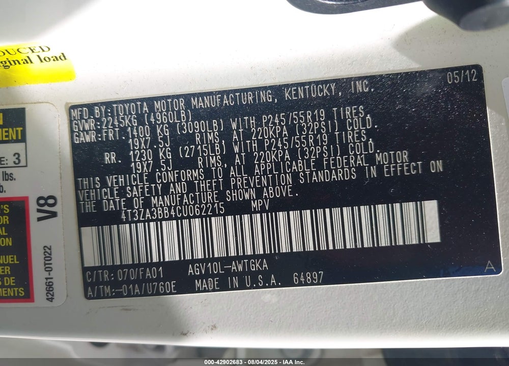 2012 TOYOTA VENZA VIN: 4T3ZA3BB4CU062215
