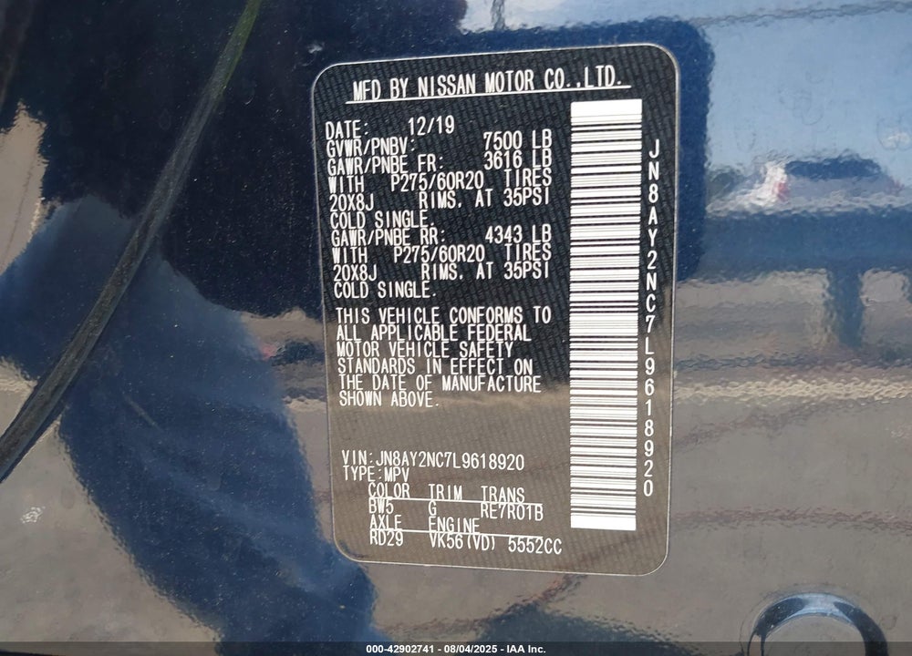 2020 NISSAN ARMADA SL 4WD VIN: JN8AY2NC7L9618920