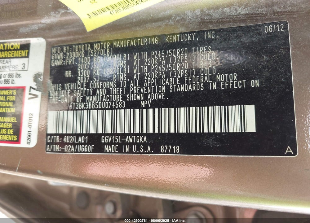 2013 TOYOTA VENZA XLE V6 VIN: 4T3BK3BB5DU074583