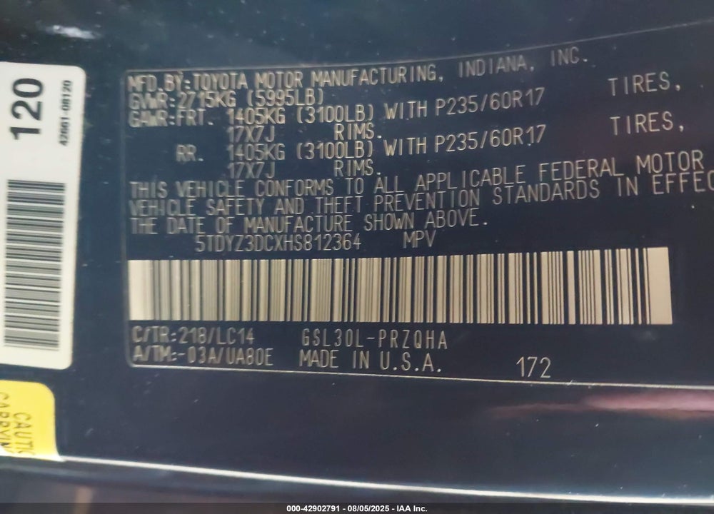 2017 TOYOTA SIENNA XLE 8 PASSENGER VIN: 5TDYZ3DCXHS812364